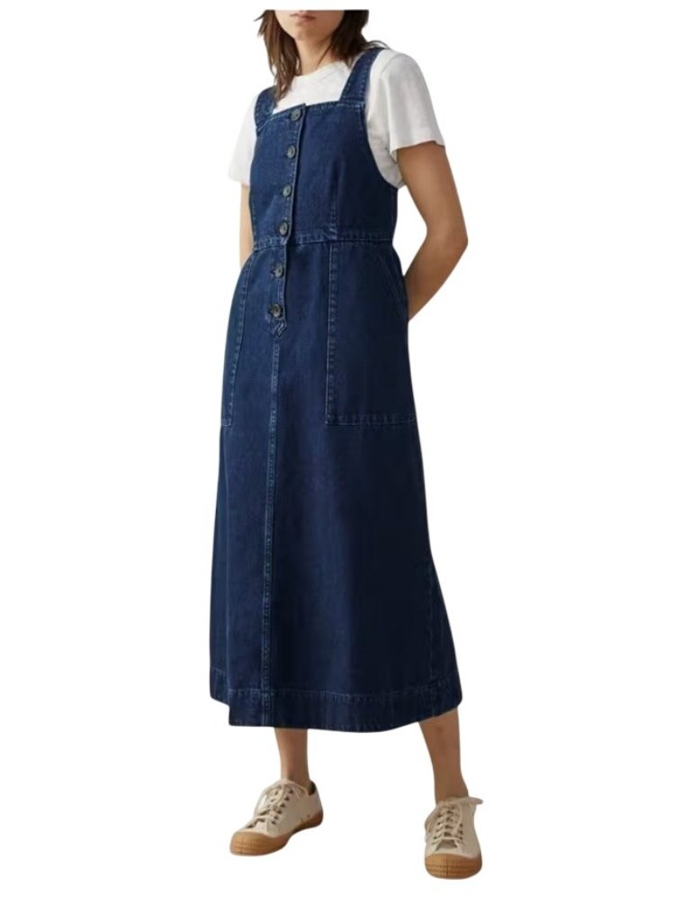 Toast Denim Pinafore Dress Size 14 Indigo Blue Midi Front Button Square Neckline